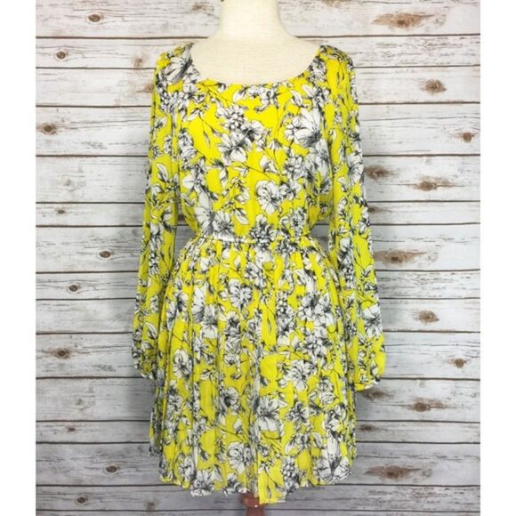 Yellow Dress Long Sleeve Pleated Shift Mini White Floral Print Small Forever 21 - Picture 1 of 7